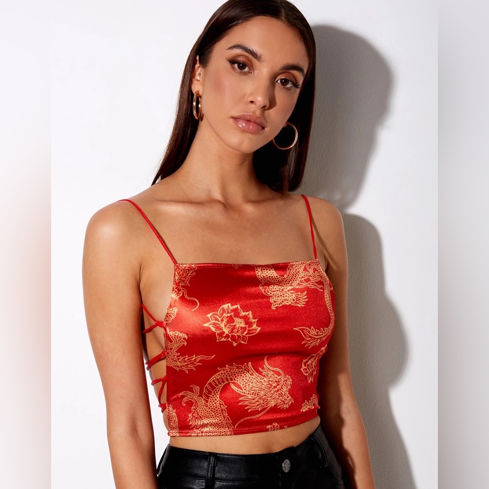 Motel Rocks Ozka Dragon Flower Tie Crop Top